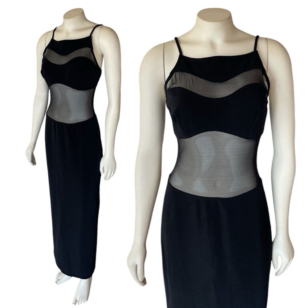 Michi by Boule de Neige 90s Vintage Minimal Maxi Black Sheer Mesh Panels Dress